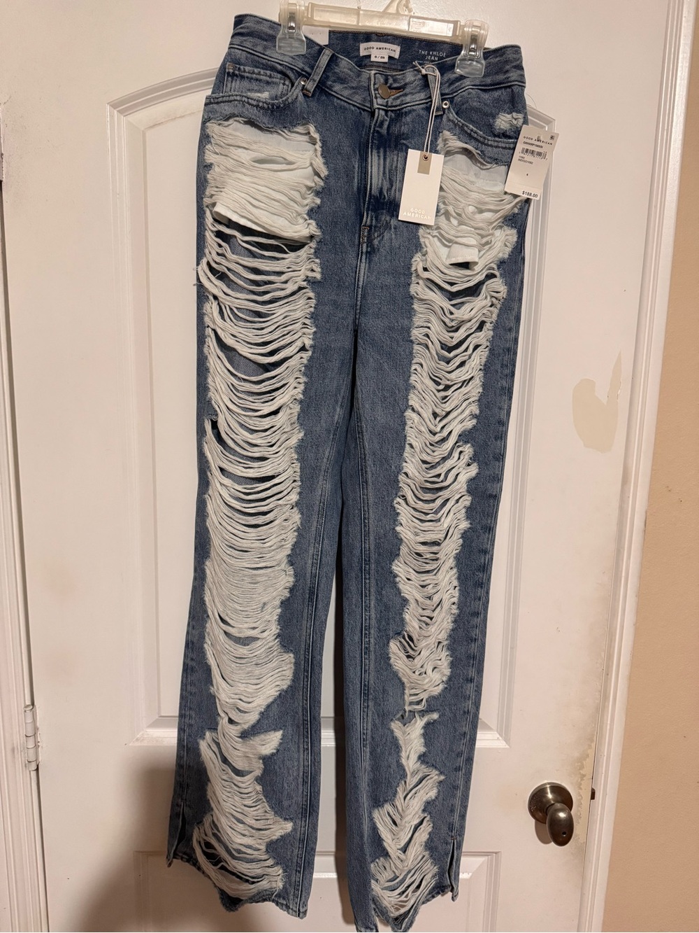 Good American Blue Straight-Leg Jeans with Heavy Front Distressing